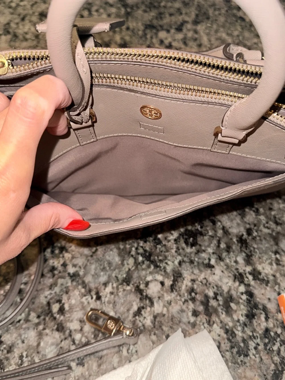 Tory Burch Saffiano Leather Satchel in Light Gray Taupe
